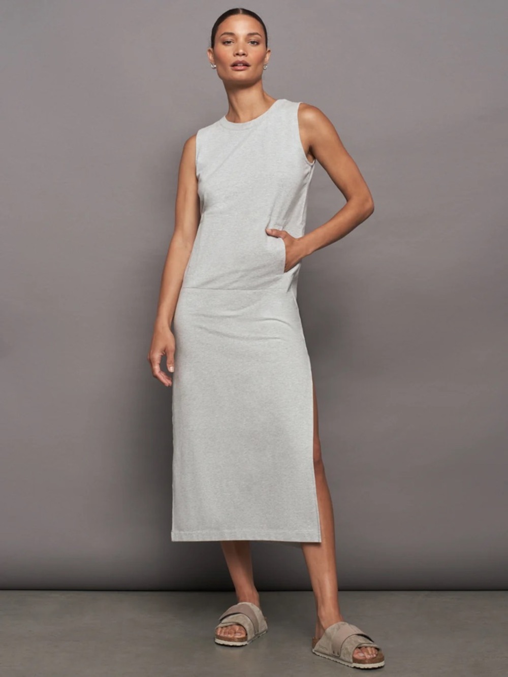 Norma Kamali Maxi Dress Pullover Pockets Sleeveless Grey